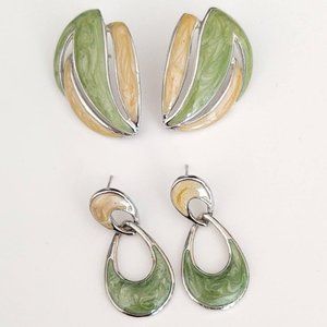 2 pairs silver, green and yellow enamel earrings